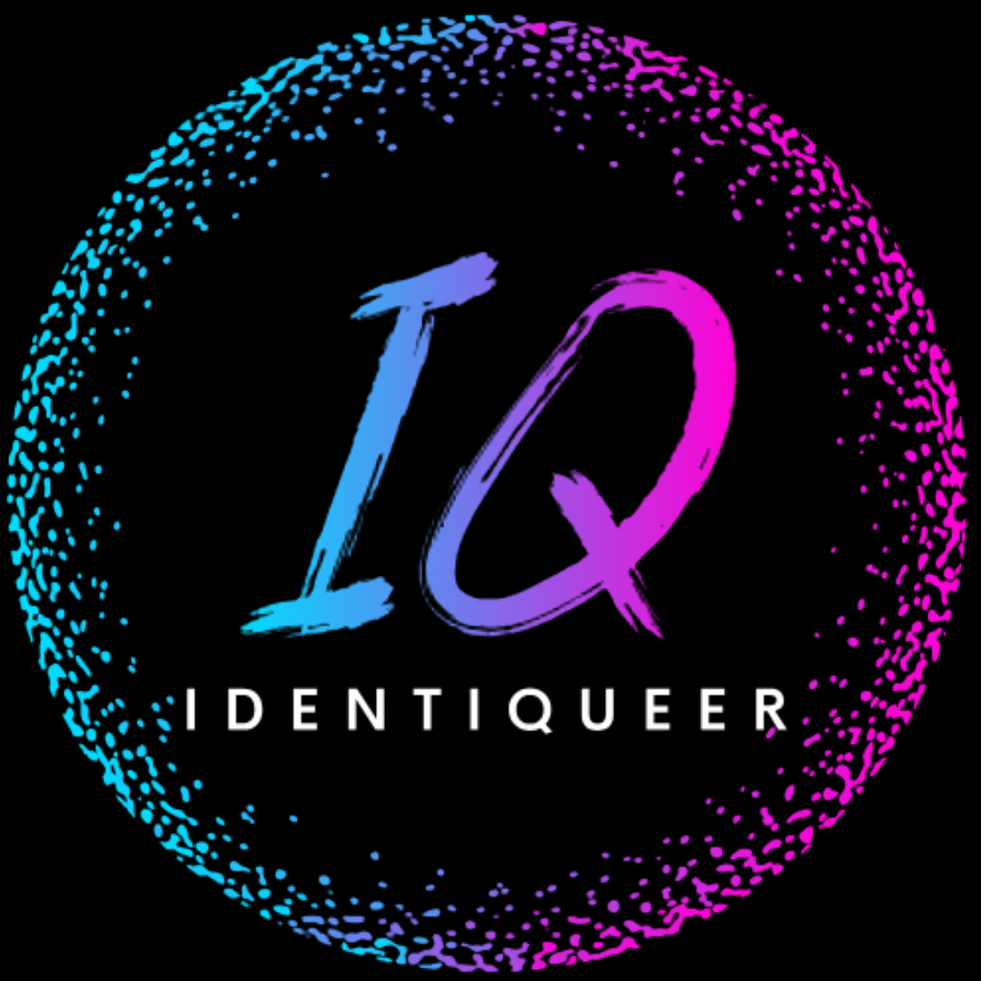 IdentiQueer logo. A large stippled circle in a blue to pink gradient is in the centre of a black background. 
