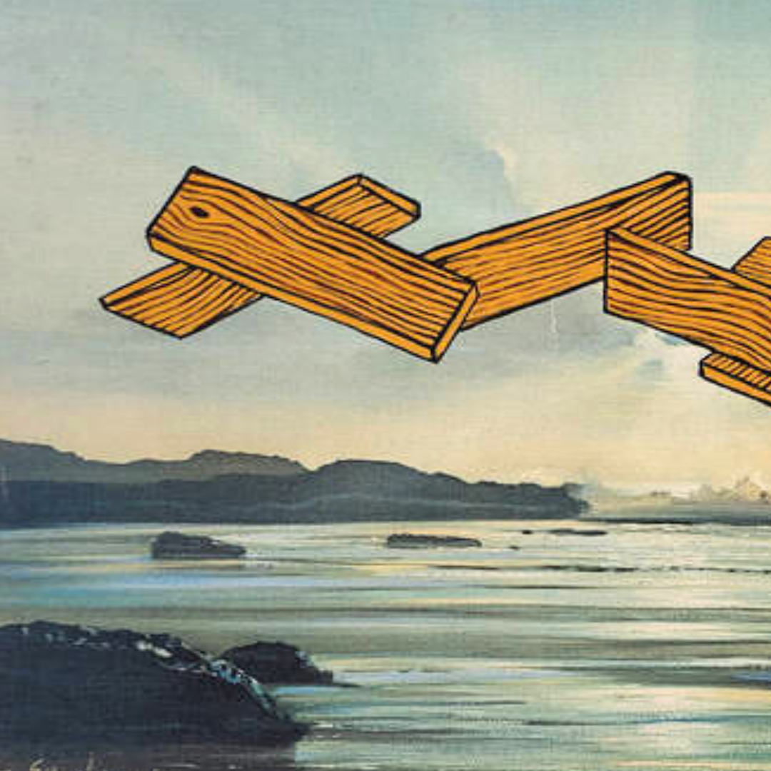 Graphic drawing of wooden boards traveling zigzag across a grainy image of a coastal landscape.