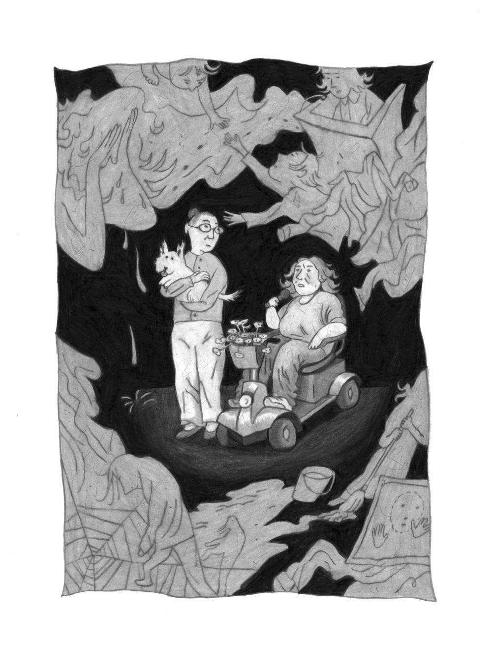 Black and white illustration of Pat Seth in a scooter chair and Marie Slark holding a dog in her arms.