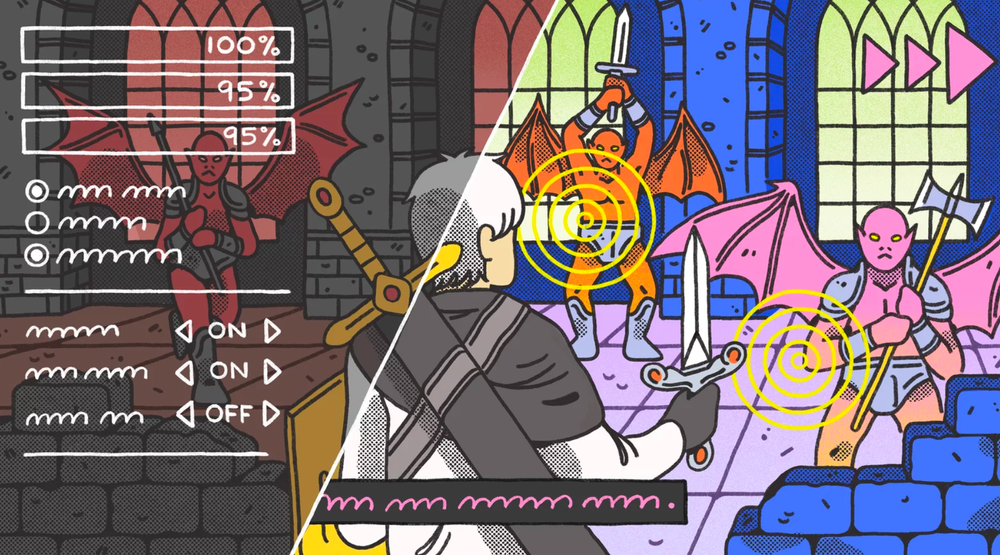 A colourful graphic of a knight in a video game, fighting gargoyle villains.