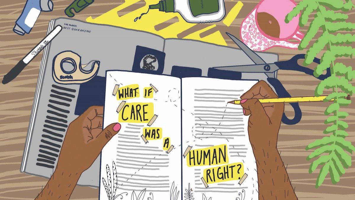 Graphic illustration of someone sketching in a book, "What if care was a human right?"