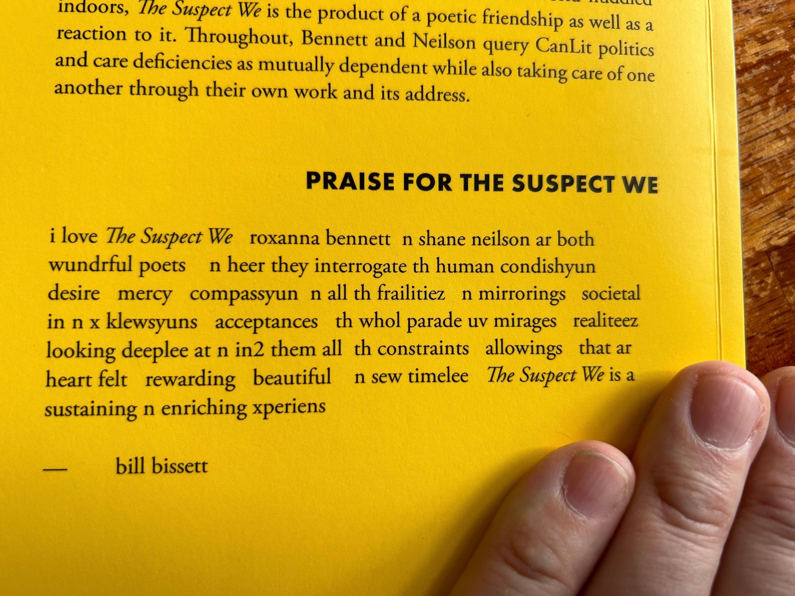 A testimonial from bill bisset printed on the back of The Suspect We.