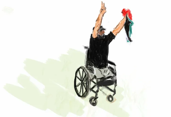 A drawing of a person in a wheelchair holding a Palestinian flag.